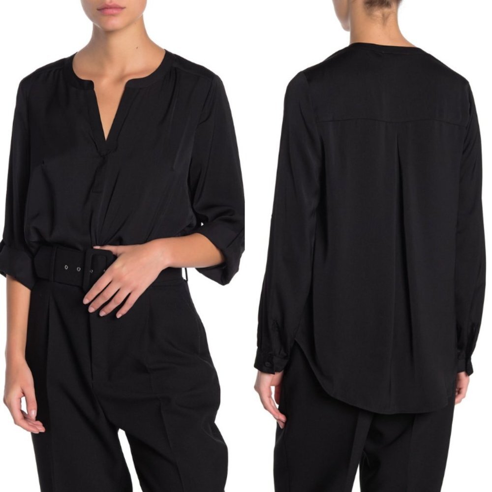 DR2 Daniel Rainn Black Satin Split‎ Neck Blouse NWT